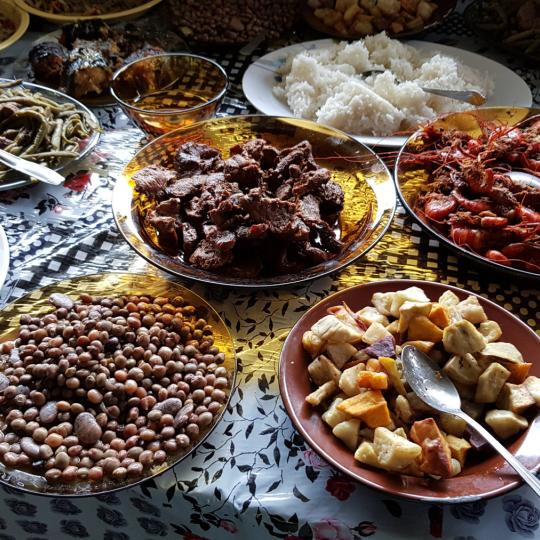 Déjeuners composés de mets locaux et traditionnels : cerf, cochon, crevettes, patate douce, igname, manioc…